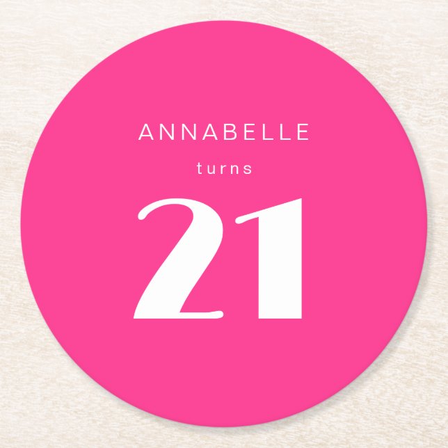 Modern 21st Twenty One Hot Pink Birthday Party Round Paper Coaster (Front)