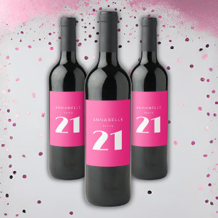 Modern 21st Twenty One Hot Pink Birthday Party Wine Label