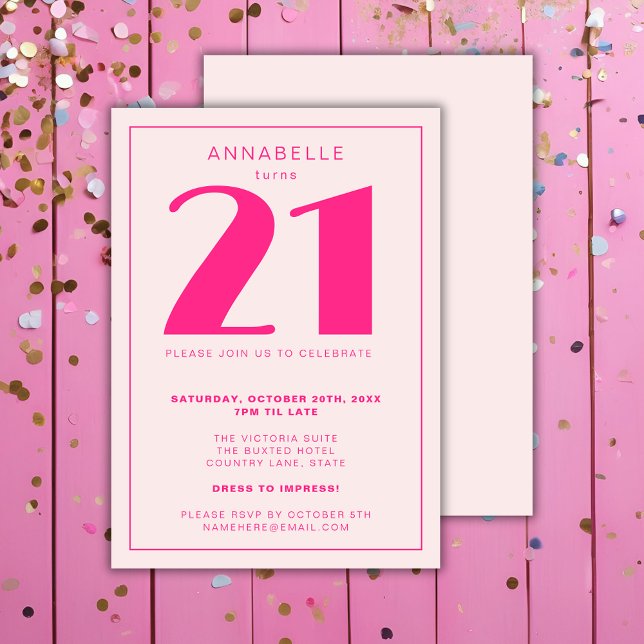 Modern 21st Twenty One Pink Birthday Party Invitation (Pink Girls 21st Birthday Party Invitation. Milestone birthday party and decor)