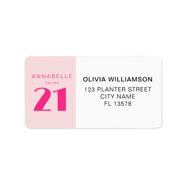 Modern 21st Twenty One Pink Birthday Party Label (Front)