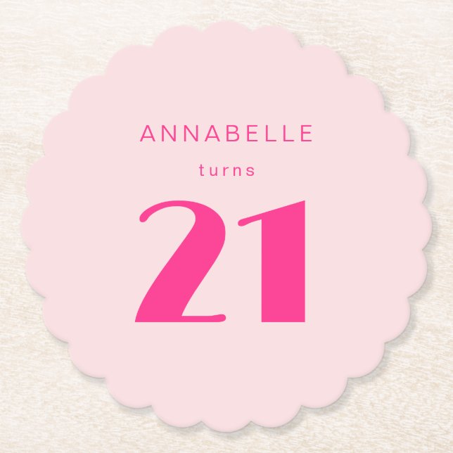 Modern 21st Twenty One Pink Birthday Party Paper Coaster (Front)