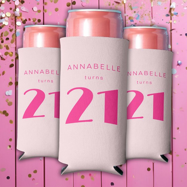 Modern 21st Twenty One Pink Birthday Party Seltzer Can Cooler (Blush pink custom can cooler for girls 21st birthday party celebrations and party favors.)
