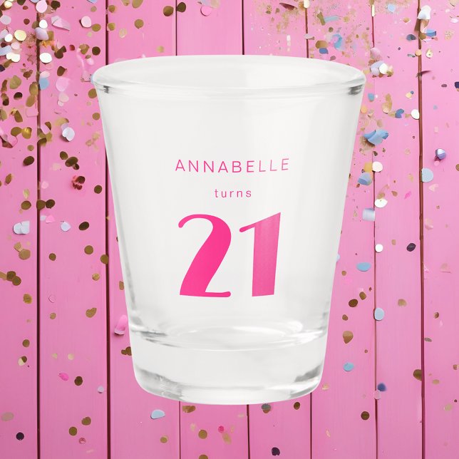Modern 21st Twenty One Pink Birthday Party Shot Glass (Blush pink custom shot glass for girls 21st birthday party celebrations.)