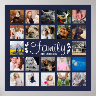 Modern 22 Family Photo Collage Laurels Navy Poster
