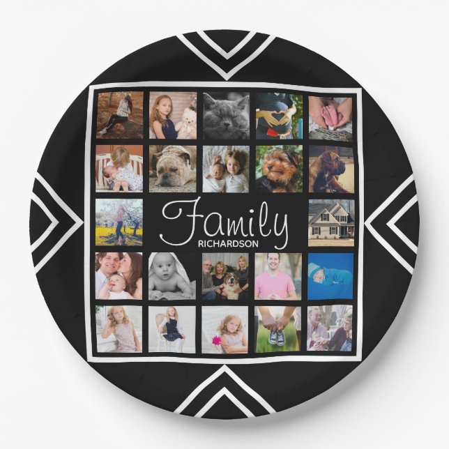 Modern 22 Family Photo Collage & Name Paper Plate (Front)