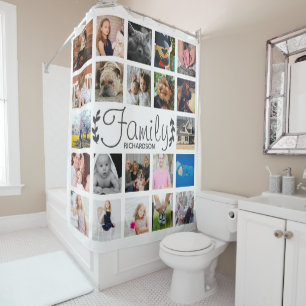 Modern 22 Family Photo Collage & Name Shower Curta Curtain
