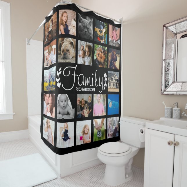 Modern 22 Family Photo Collage & Name Shower Curtain (In Situ)