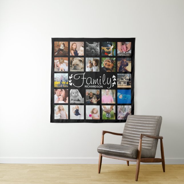 Modern 22 Family Photo Collage White Laurel Black Tapestry (In Situ)