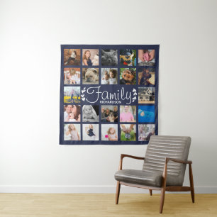 Modern 22 Family Photo Collage & White Laurel Navy Tapestry