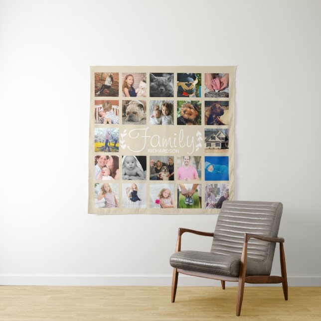 Modern 22 Family Photo Collage & White Laurels Tapestry (In Situ)