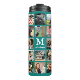 Modern 24 Family Photo Collage with Initial & Name Thermal Tumbler