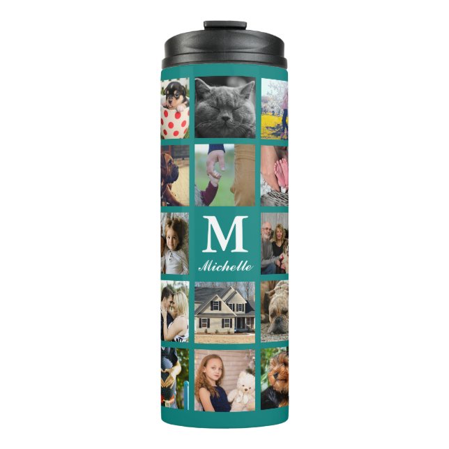 Modern 24 Family Photo Collage with Initial & Name Thermal Tumbler (Front)