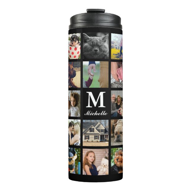 Modern 24 Family Photo Collage with Initial & Name Thermal Tumbler (Front)