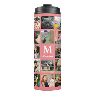 Modern 24 Family Photo Collage with Initial & Name Thermal Tumbler