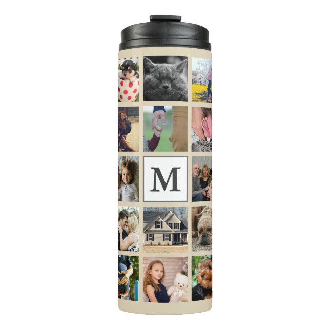 Modern 24 Family Photo Collage with Initial Thermal Tumbler (Front)