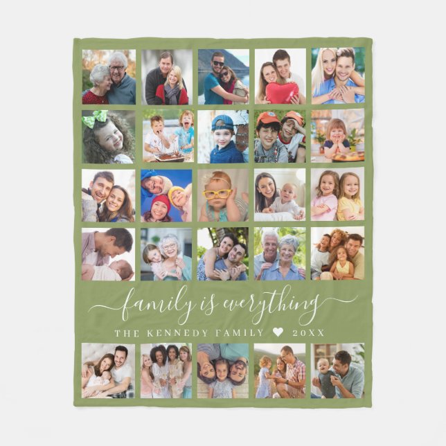 Modern 25 Photo Collage Quote Family Name Green  Fleece Blanket (Front)