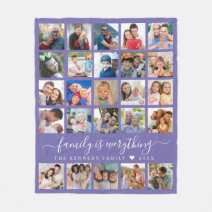 Modern 25 Photo Collage Quote Family Name Purple Fleece Blanket