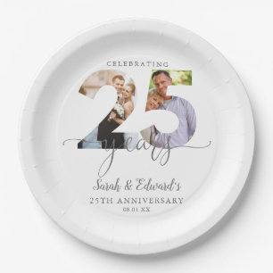 Modern 25th Wedding Anniversary 2 Photo Paper Plate