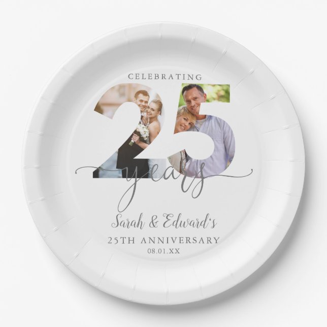 Modern 25th Wedding Anniversary 2 Photo Paper Plate (Front)