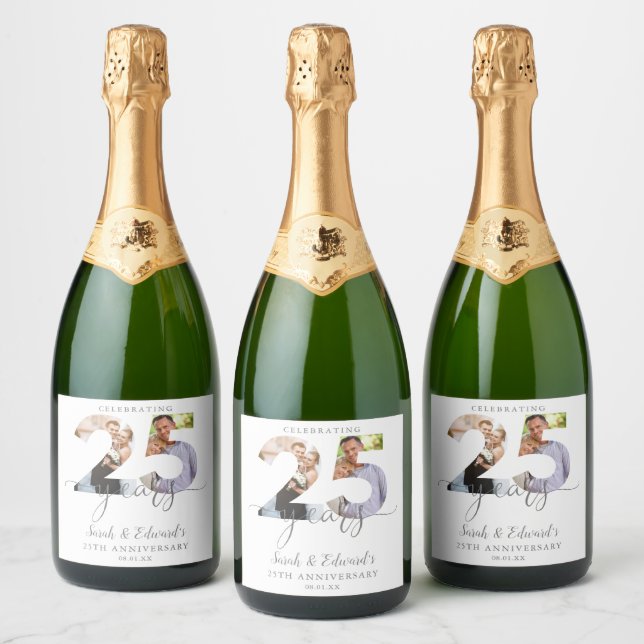 Modern 25th Wedding Anniversary 2 Photo Sparkling Wine Label (Bottles)