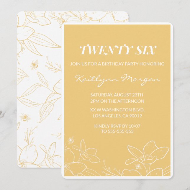 Modern 26th birthday invitations Floral Yellow (Front/Back)