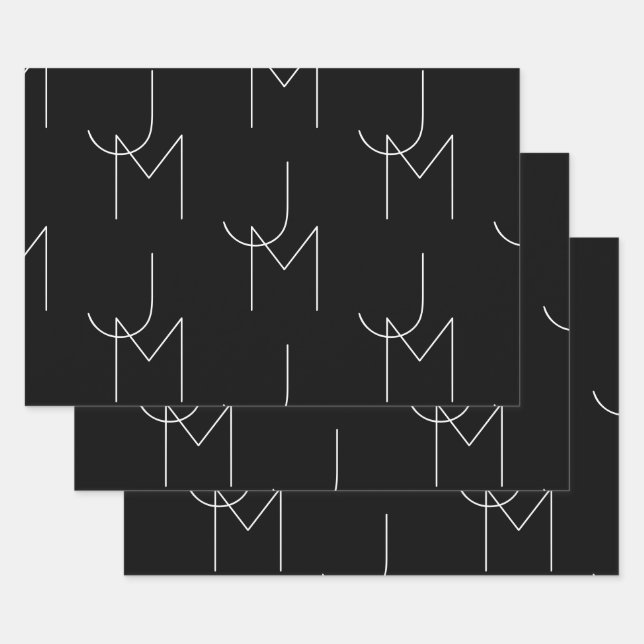 Modern 2 Initial Pattern | Black & White Wrapping Paper Sheet (Set)