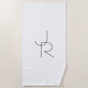 Modern 2 Overlapping Initials   Black on White Beach Towel