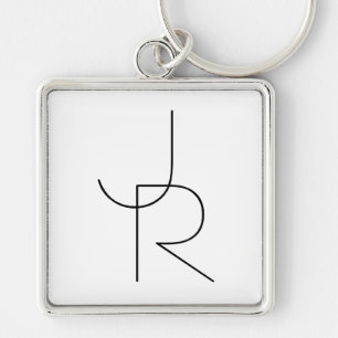 Modern 2 Overlapping Initials   Black on White Key Ring