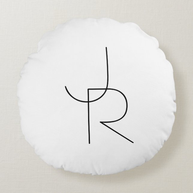 Modern 2 Overlapping Initials | Black on White Round Cushion (Front)