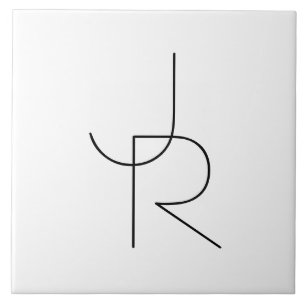 Modern 2 Overlapping Initials Black on White Tile
