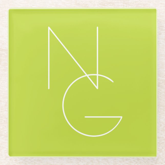 Modern 2 Overlapping Initials | Lime Green Glass Coaster (Front)