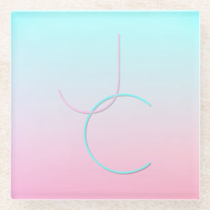 Modern 2 Overlapping Initials Turquoise Pink Glass Coaster