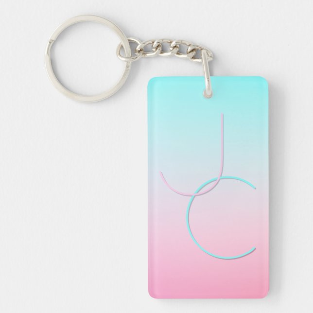 Modern 2 Overlapping Initials | Turquoise Pink Key Ring (Front)