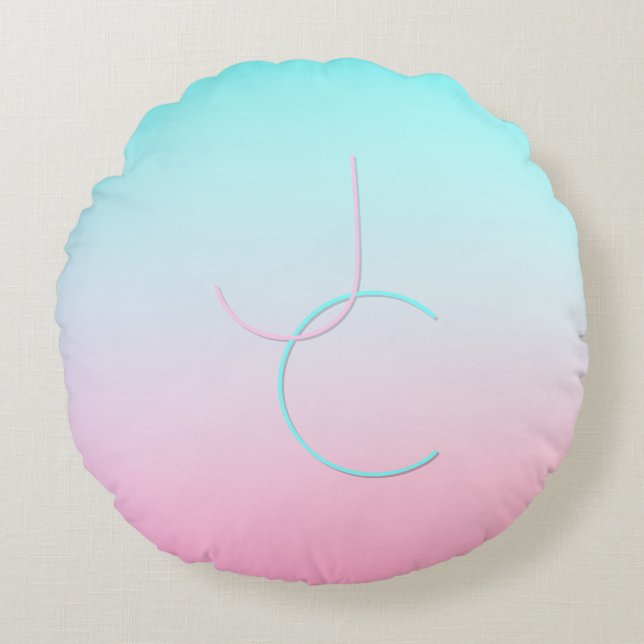 Modern 2 Overlapping Initials | Turquoise Pink Round Cushion (Front)