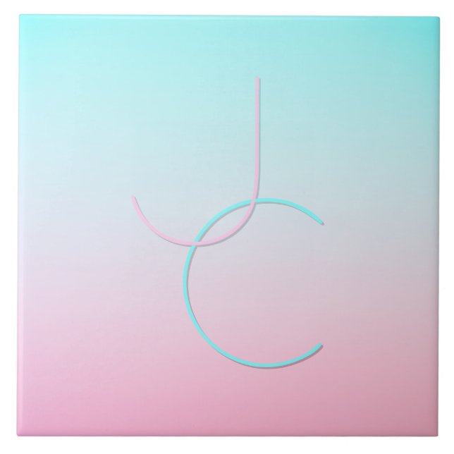 Modern 2 Overlapping Initials | Turquoise Pink Tile (Front)