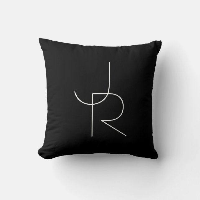 Modern 2 Overlapping Initials | White on Black Cushion (Front)
