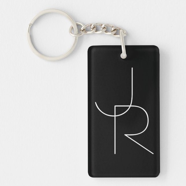 Modern 2 Overlapping Initials | White on Black Key Ring (Front)