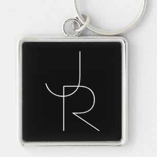 Modern 2 Overlapping Initials   White on Black Key Ring