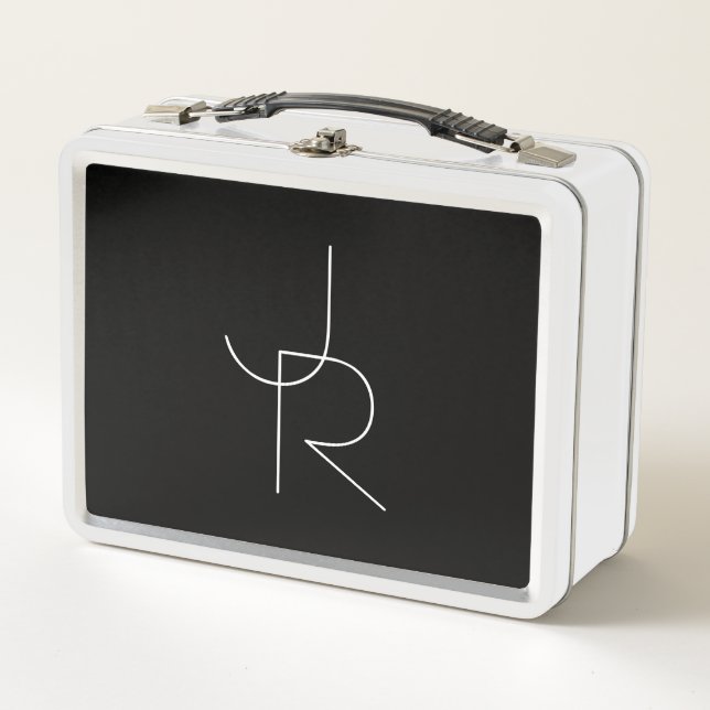 Modern 2 Overlapping Initials | White on Black Metal Lunch Box (Front)