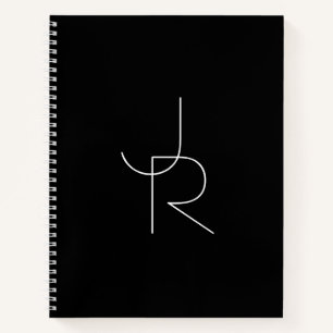 Modern 2 Overlapping Initials   White on Black Notebook