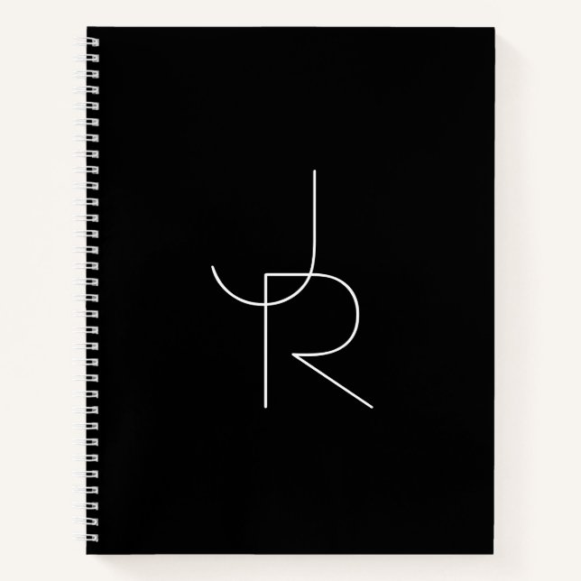 Modern 2 Overlapping Initials | White on Black Notebook (Front)