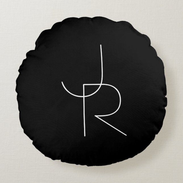 Modern 2 Overlapping Initials | White on Black Round Cushion (Front)