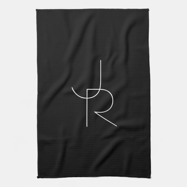Modern 2 Overlapping Initials | White on Black Tea Towel (Vertical)
