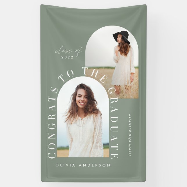 Modern 2 photo arch sage green graduation banner (Vertical)
