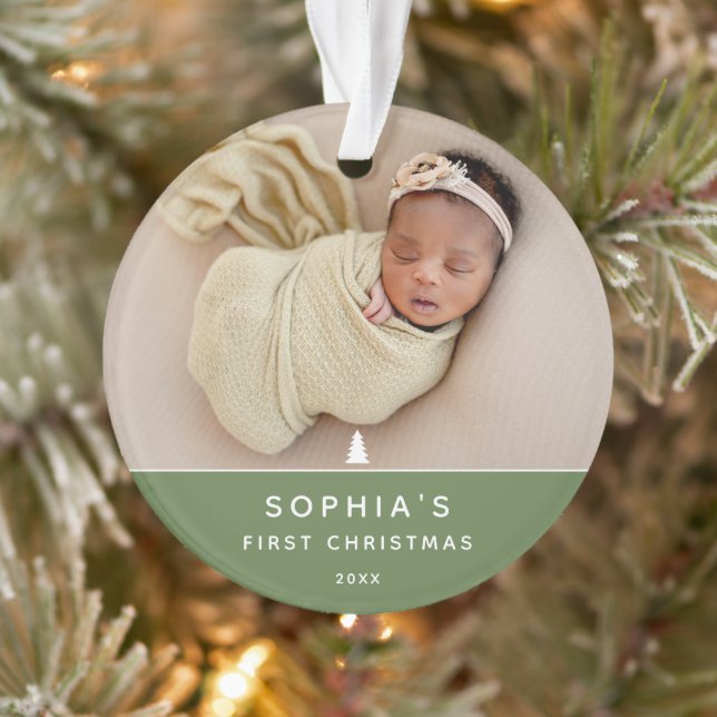 Modern 2 Photo Baby's First Christmas Acrylic Ornament (Tree)
