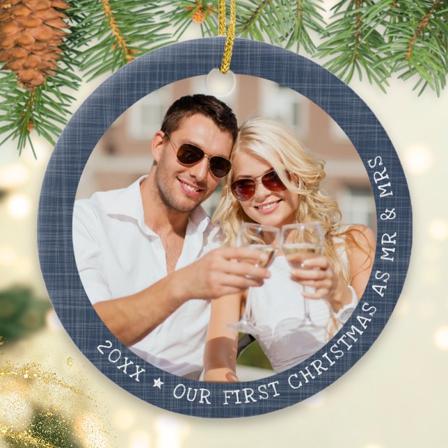 Modern 2 Photo Blue Christmas Ceramic Tree Decoration (Creator Uploaded)