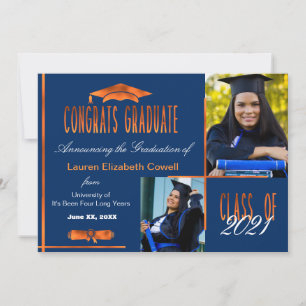 Modern 2 Photo Blue & Orange Graduate Announcement