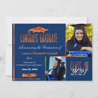 Modern 2 Photo Blue & Orange Graduate Announcement