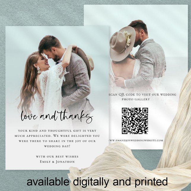 Modern 2 Photo Bold Script QR Code Love Thanks Card (Creator Uploaded)