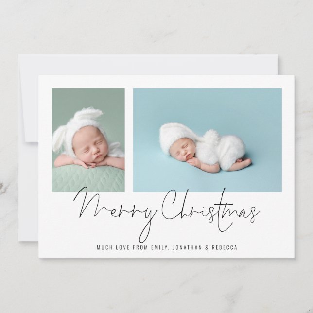 Modern 2 Photo Collage Baby First Christmas Holiday Card (Front)